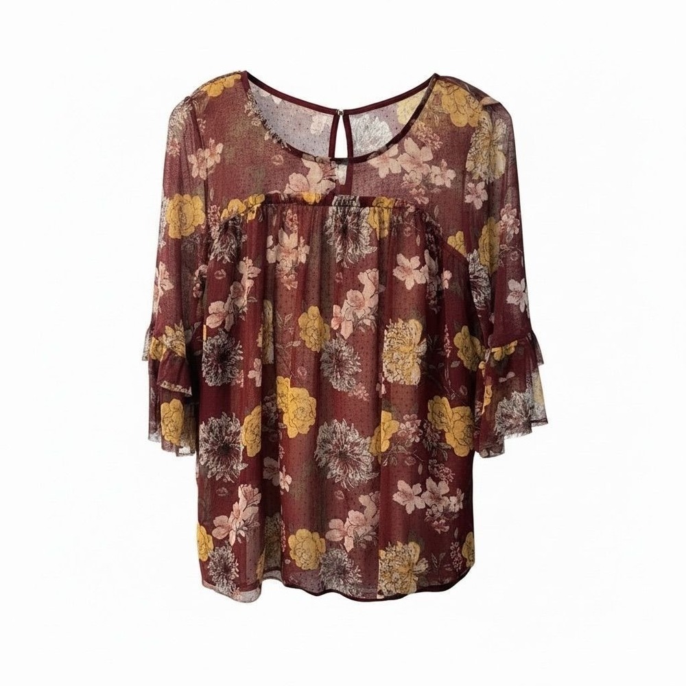 33 Nobo burgundy floral mesh boho top Sz XXL